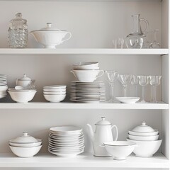Dishware set in white shelving unit, tableware shelf, kitchen interior, clean white mugs, plates, glass tableware