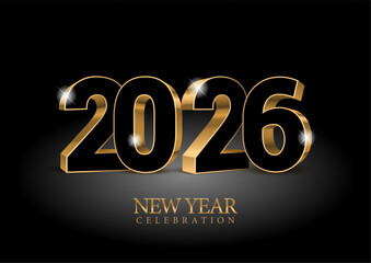 Elegant design of golden and black 3d lettering 2026 on dark background. Fairytale style illustration with golden sparkling confetti background. New Year 2026 celebrations. Vector illustration