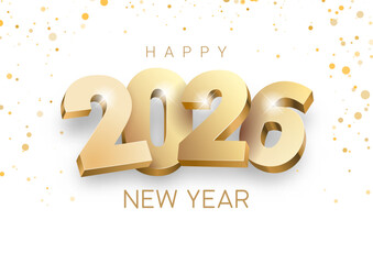 Vector illustration with volumetric 3D golden numbers for celebrating the new year 2026. Inscription hangs in the air on a white background. In the background there is a scattering of golden confetti