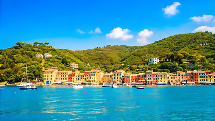 Colorful Mediterranean Coastal Village with Boats and Hills under Blue Sky
