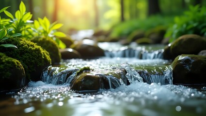 A gentle forest stream cascades over mossy rocks in dappled sunlight