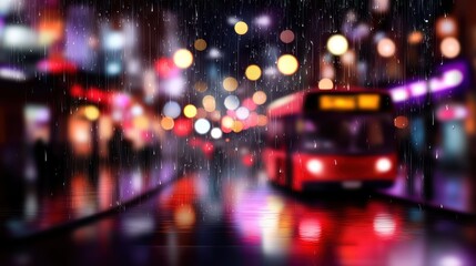 Obraz premium Blurred cityscape with rain falling and a red bus driving by creating a moody effect