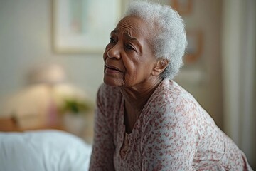 Senior woman attempting to stand up from her bed, experiencing pain, emphasizing the challenges of mobility in elderly care and the need for medical support to improve quality of life, Generative AI