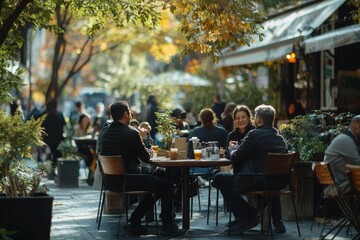 Reunion of friends outdoors in the city, celebrating life post-covid-19 . This scene reflects the return to normalcy and the renewal of social connections, Generative AI