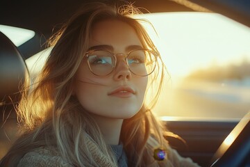 Young woman driving her car, representing independence and the convenience of modern life, while highlighting the role of transportation in daily activities, Generative AI
