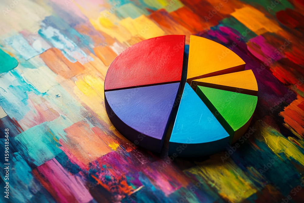 Poster colorful pie chart sections on vibrant painted background showing data visualization