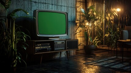 Vintage Television Set with Green Screen in a Retro Styled Living Room Setting