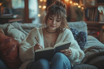 Happy young woman sitting on a sofa, writing in a diary in the evening in a cozy living room, illustrating a moment of personal reflection and self-care, Generative AI