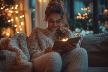 Happy young woman sitting on a sofa, writing in a diary in the evening in a cozy living room, illustrating a moment of personal reflection and self-care, Generative AI