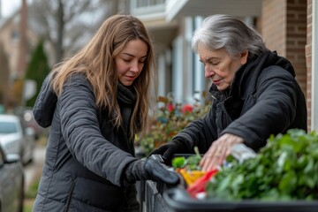 Woman helping an elderly neighbor throw away trash into a garbage can outside their apartment complex, promoting neighborly support and environmental responsibility, Generative AI