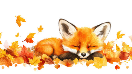 Fototapeta premium Adorable baby fox peacefully sleeping in autumn forest leaves isolated on white background