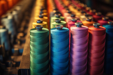 Colorful thread spools arranged in rows a vibrant textile display