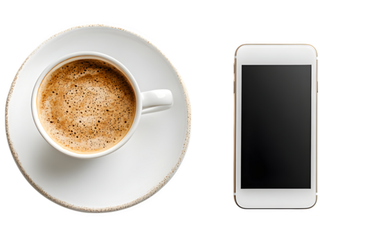 Blank tablet, smartphone and coffee cup, top view isolated on white background