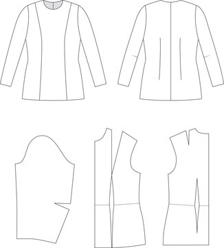 Editable technical flat and pattern blocks of a fitted long-sleeved basic top with princess seams and darts. Includes front, back views, and pattern pieces. For fashion design and production.
