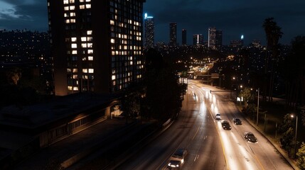 Fototapeta premium Nighttime cityscape with illuminated buildings and a highway full of moving cars