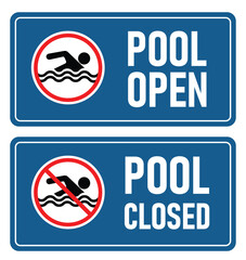 swimming pool open and close sign on dark blue background
