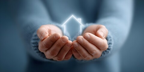 Obraz premium Hands holding a glowing house symbol representing home security