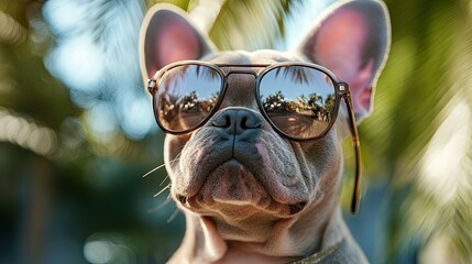 French bulldog wearing sunglasses with palm reflection, enjoying a vacation vibe 