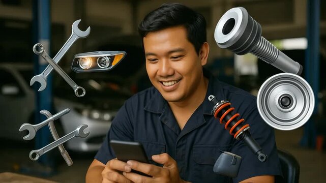 Using smartphone for automotive repairs garage photo indoor close-up technology