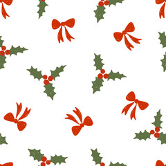 Christmas holly and red bows seamless pattern on white festive background. Vector illustration