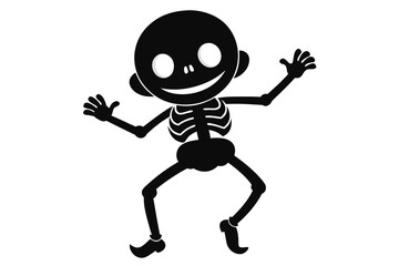 Playful Black Silhouette of a Smiling Cartoon Skeleton Dancing on a White Background