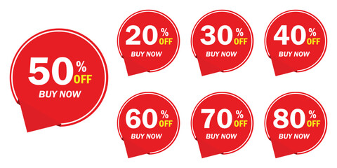 Different percent discount sticker discount price tag set. Price tag 10, 20, 30, 40, 50, 60, 70, 80 percent promotion sticker badge set for shopping and advertisement clearance sale, save money.  