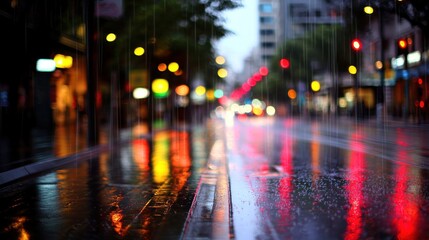 Rainy night city street with blurred lights reflecting on the wet pavement