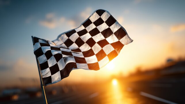 A checkered racing flag waves in the wind at sunset, symbolizing the finish line and victory at a motorsport event