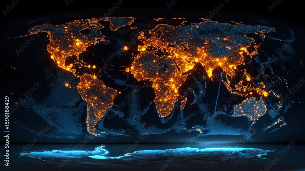 Poster world map illuminated with city lights and interconnected global network