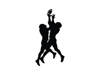 silhouette of American football players fighting for the ball in the air isolated with white background 