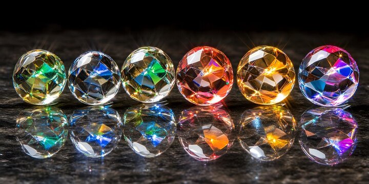 A row of faceted crystal spheres reflecting light on a dark reflective surface in a studio setting