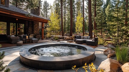 Forest retreat patio with jacuzzi, natural stones, and towering pine trees for a tranquil atmosphere. 