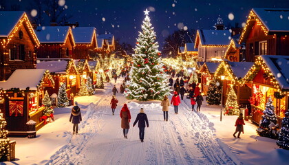 Aerial View Illustration of European City with Christmas Lights and Decorations on Snowy Night.