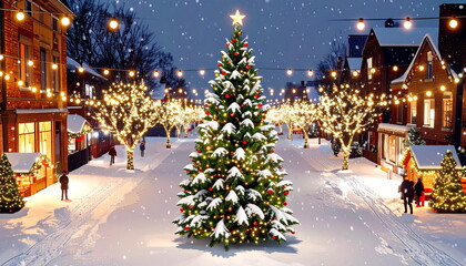 Aerial View Illustration of European City with Christmas Lights and Decorations on Snowy Night.