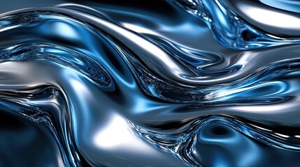 Fluid metallic shapes with reflective blue tones, creating an abstract design 