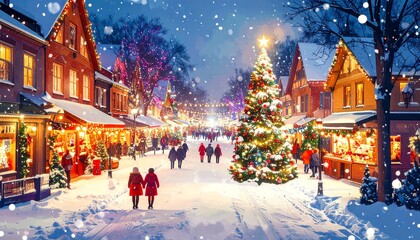 Aerial View Illustration of European City with Christmas Lights and Decorations on Snowy Night.