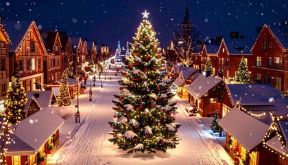 Aerial View Illustration of European City with Christmas Lights and Decorations on Snowy Night.