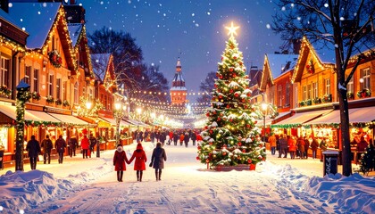Aerial View Illustration of European City with Christmas Lights and Decorations on Snowy Night.