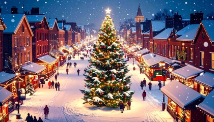 Aerial View Illustration of European City with Christmas Lights and Decorations on Snowy Night.
