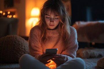 Teenage girl sitting on the floor and scrolling through her smartphone, reflecting on modern leisure activities and digital engagement, Generative AI