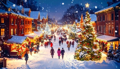 Aerial View Illustration of European City with Christmas Lights and Decorations on Snowy Night.