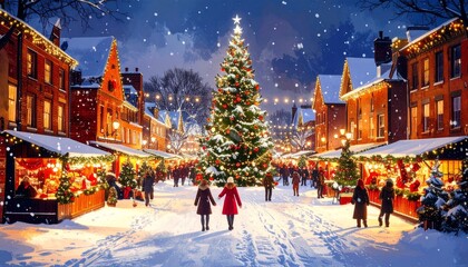 Aerial View Illustration of European City with Christmas Lights and Decorations on Snowy Night.