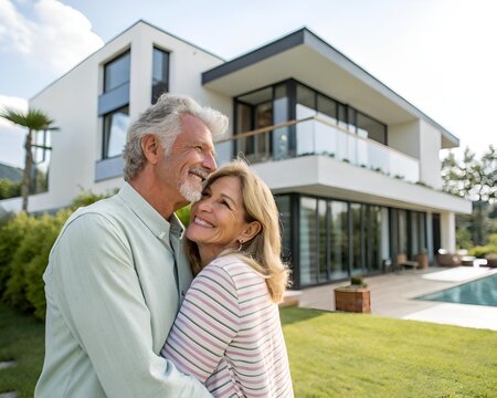 Happy older couple embracing in front of a modern house on a sunny day