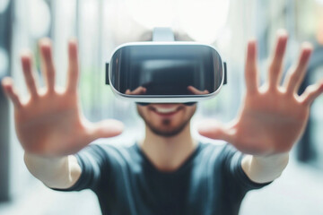 Man wearing VR headset reaching out hands virtual reality experience