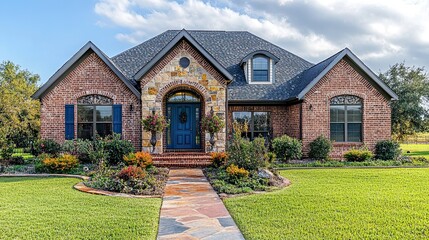 Exterior of brick house with blue front door, creating a welcoming and cozy aesthetic 