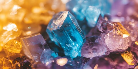 A close up shot showing a collection of colorful crystals with sharp edges and bright reflections