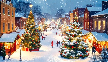Aerial View Illustration of European City with Christmas Lights and Decorations on Snowy Night.