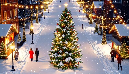 Aerial View Illustration of European City with Christmas Lights and Decorations on Snowy Night.