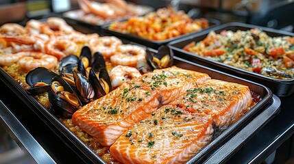 Exquisite display of fish and seafood: salmon, mussels in sauce, paella, and prawns on tray. 