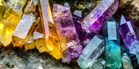 A vibrant collection of colorful crystals displayed in a close up arrangement on a textured surface